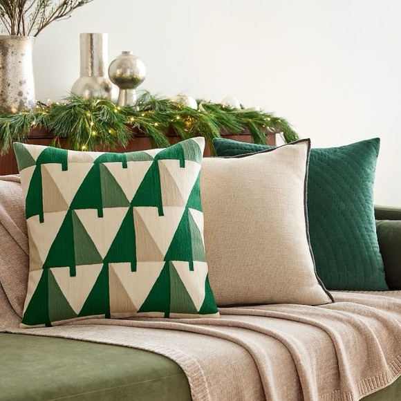 New West Elm Crewel Colorblock Trees Pillow Cover, Dark Green